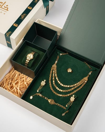 هدية نسائية ذهبية من خاتون® طقم ثلاثة طوابق مع ساع...