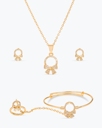 طقم مجوهرات بنات على شكل فيونكة ذهبية مرصعة بالزرك...