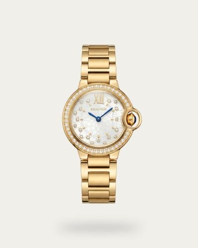 ساعة ذهبية بعقارب زرقاء تصميم عصري للنساء الراقيات