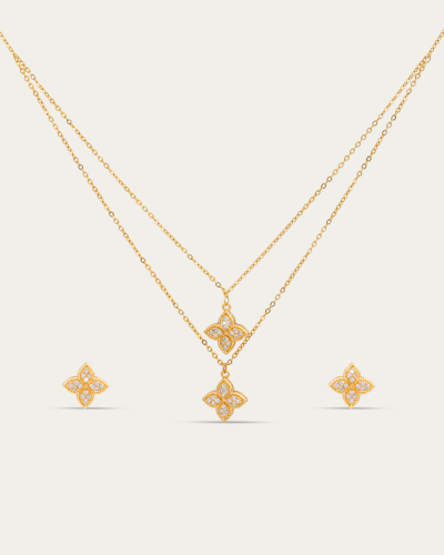 طقم الوردة الرباعية الذهبية من سلسال وحلق بلمعة ال...