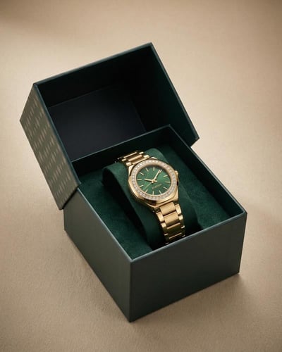 ساعة خاتون الذهبية مينا أخضر بتصميم كلاسيكي ونقش إ...