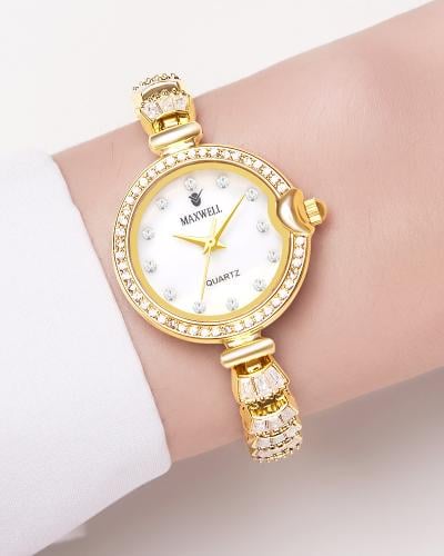 ساعة فاخرة مرصعة بالزركون مينا ابيض للنساء