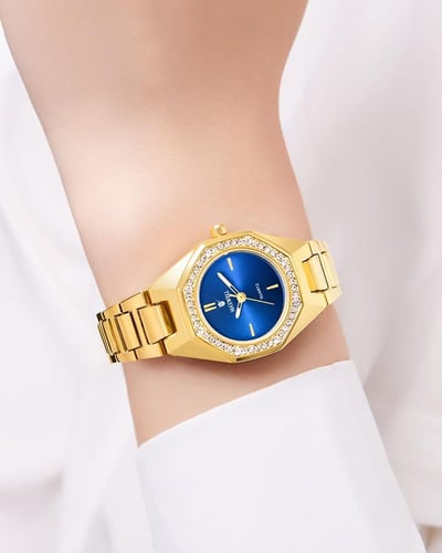 ساعة نسائية ذهبية مزينة بالزركون مينا أزرق