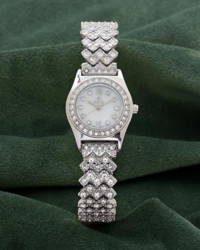 ساعة يد نسائية تصميم فضي فاخر بلمعة الألماس