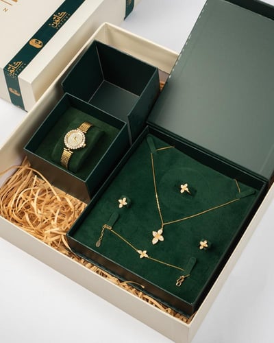 هدية نسائية راقية للنساء من خاتون® طقم وساعة ذهبية