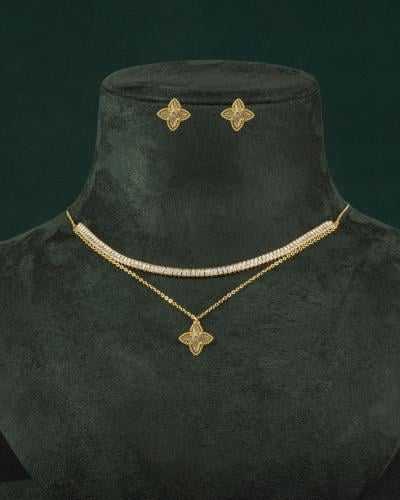 طقم شوكر سلسال وحلق مزين بالزركون تصميم ذهبي