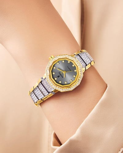 ساعة يد نسائية مزينة بالزركون مينا رمادي