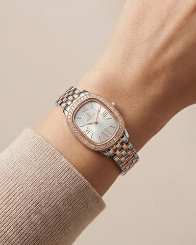 ساعة نسائية كلاسيكية تصميم فضي برونزي باطار ماسي م...