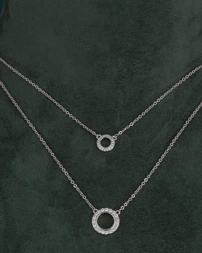 سلسال فضي زركون ناعم مزدوج بتعليقة دائرية مزخرفة