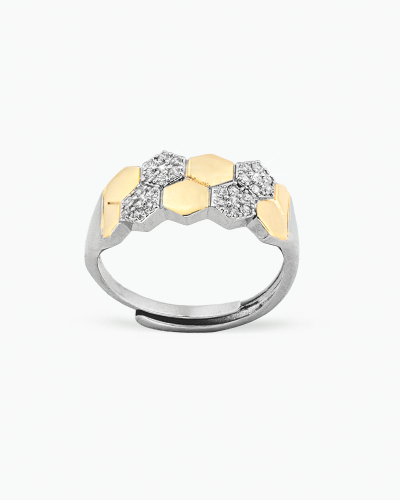 خاتم يد نسائي فاخر تصميم عريض بلونين فضي وذهبي