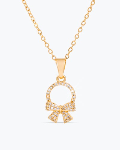 طقم مجوهرات بنات على شكل فيونكة ذهبية مرصعة بالزرك...