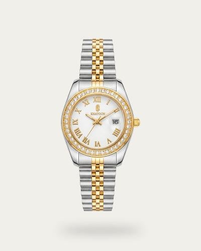 ساعة نسائية من خاتون بتصميم دائري ولون فضي ذهبي