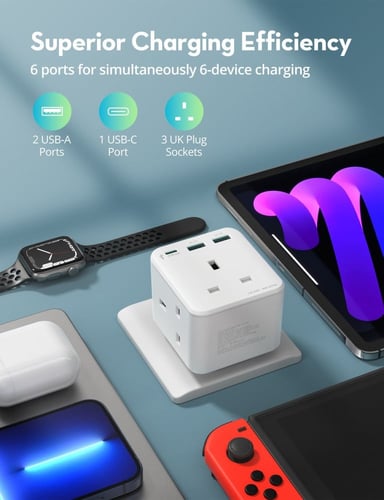 شاحن جداري 3 مداخل طاقه ثلاثيه مع منفذين USB ومنفذ...