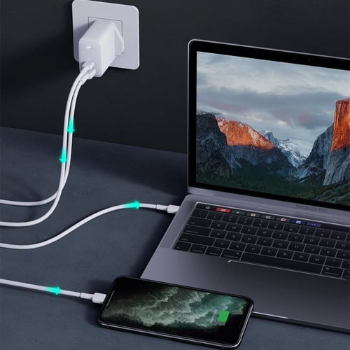 شاحن جداري بقوة 65 واط منفذين يدعم تقنية الشحن سري...