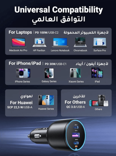 شاحن سيارة يوجرين بقوة 130 واط يدعم الشحن السريع P...