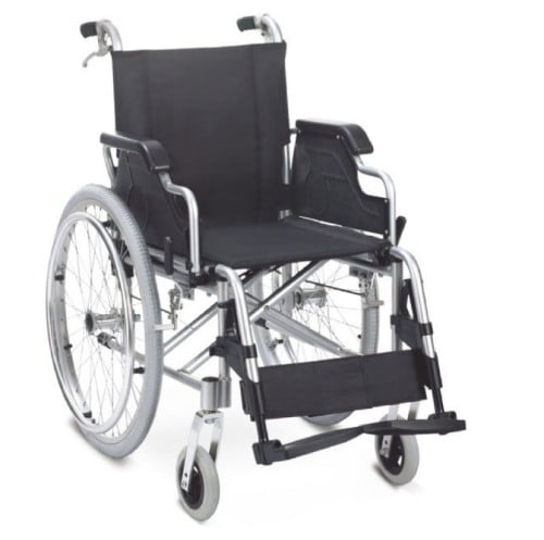 كرسي متحرك خفيف الوزن مع دعامات سوداء جانبية ، ومك...