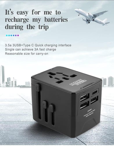 شاحن سفر 3 منافذ USB و منفذ تايب سي - اسود - MoreP...