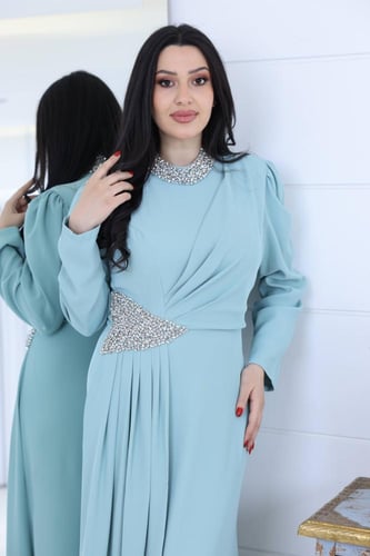 فستان جورسيه مزين بشك يدوي على الياقة والخصر - تيف...