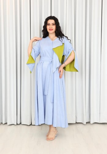 فستان صيفي سادة ناعم مع حزام للخصر لون سماوي