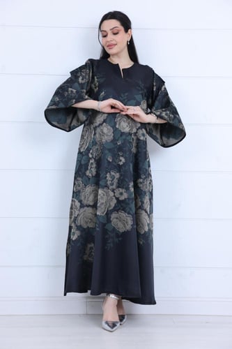 فستان جاكار مشجر بورود قبة مدورة مقتوحة واكمام واس...