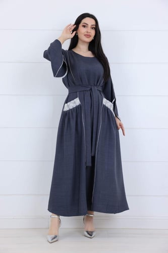 فستان كريب بجيوب مطرز - رمادي