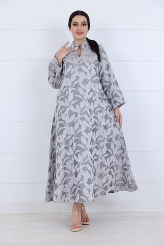 جلابية جاكار واسع برسمة اوراق شجر مع حزام لون رصاص...