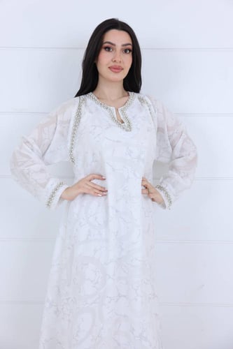 فستان تفته جاكار سادة مزين بشك لؤلؤ على الياقة وال...