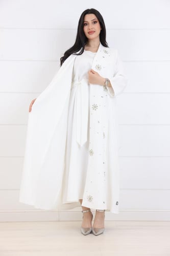 فستان قطعتين كريب بلاسية مطرز بشك - سكري