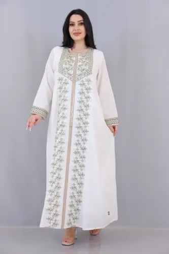 جلابية لينن سكري مزينة بتطريز زيتي فاخر على الصدر...