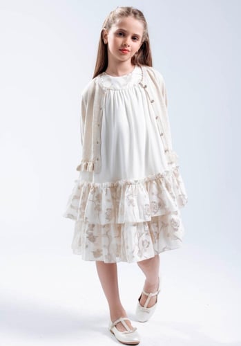 فستان بناتي شيفون ورود ذهبي مع جاكيت DMC