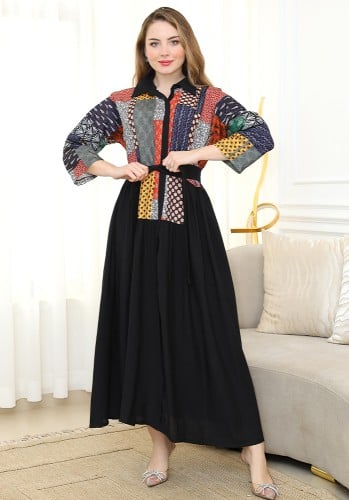 فستان صيفي بطبعات عصرية مع حزام للخصر - اسود