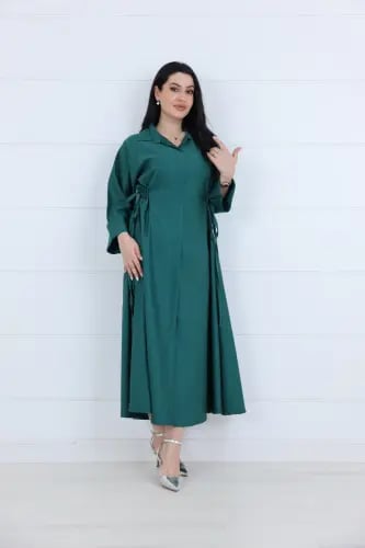 فستان جورسيه سادة ياقة كلاسك مزين بزم ربط على الخص...