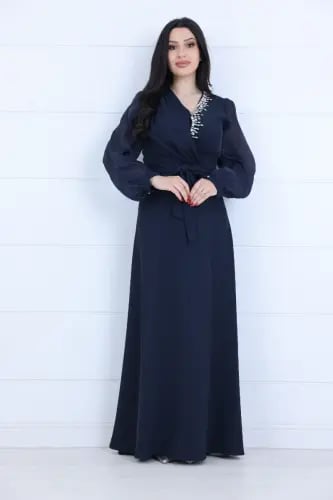 فستان جورسيه قبة لف مزينة باحجار شك يدوي على طرف ا...