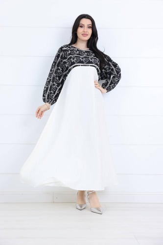 فستان لينن سادة مزين لاكمام تطريز ذهبي على الاكمام...