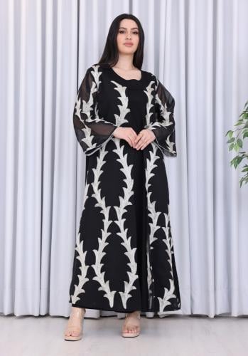 فستان لينن مزين بتطريز ذهبي فاتح وياقة دائرية مع ح...