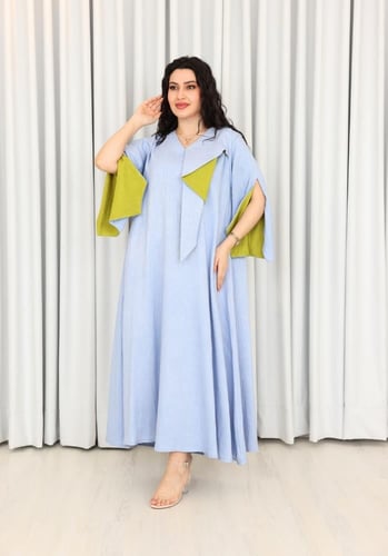 فستان صيفي سادة ناعم مع حزام للخصر لون سماوي