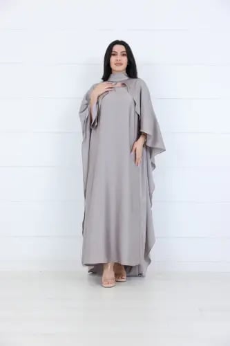 فستان تفته سادة مع دقلة فراشة ياقة مدورة - رمادي