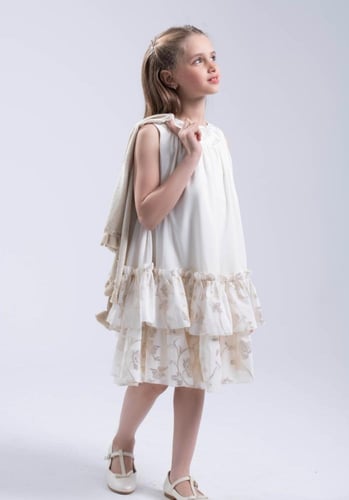 فستان بناتي شيفون ورود ذهبي مع جاكيت DMC