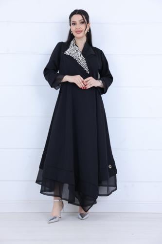 فستان جورسيه مزين بياقة كلاسيك مزينة بشك يدوي وطبق...