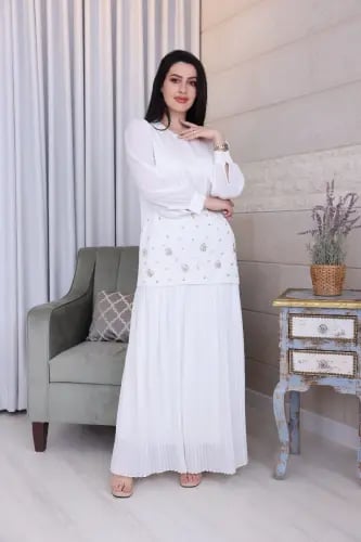 فستان صيفي جورسية بليسيه بشك وكرستال لامع - سكري