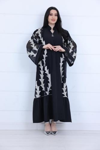 فستان اسود جورسيه سادة مزين بحامة جاكار مطرز ذهبي...