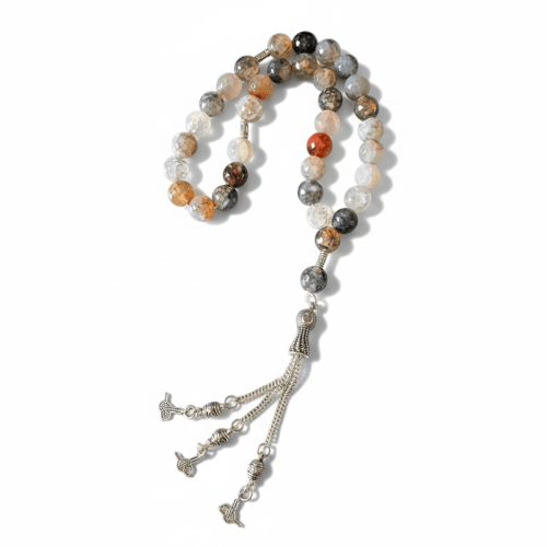 سبحة العقيق العنكبوتي الأبيض مع الأنتيمون صناعة يد...