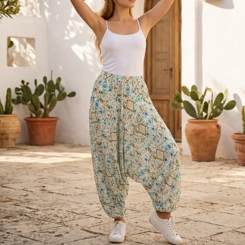 شروال بوهيمي قطن بطبعة ترايبل لون بني وأزرق