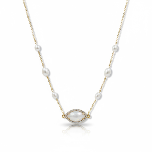 قلادة الفضة مطلية بالذهب مع حجر الكوارتز واللؤلؤ