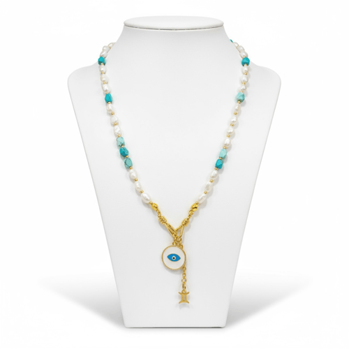 قلادة أنيقة مصنوعة من أحجار اللؤلؤ والفيروز الطبيع...