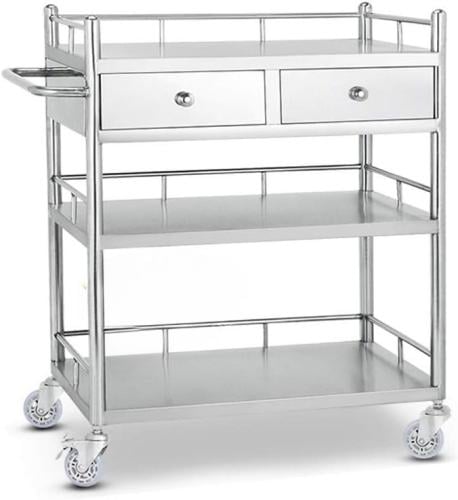 عربة طبية مستطيلة من الستانلس ستيل مع درجين ورفين