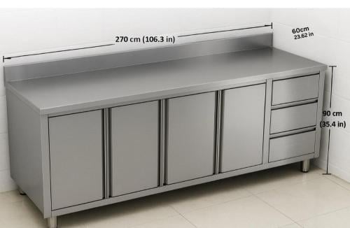 طاولة تحضير ستانلس ستيل 270 سم مع خزائن وأدراج – ج...