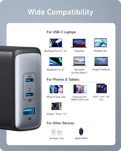 شاحن جداري انكر بقوة 100 واط بمنفذين تايب سي بتقني...