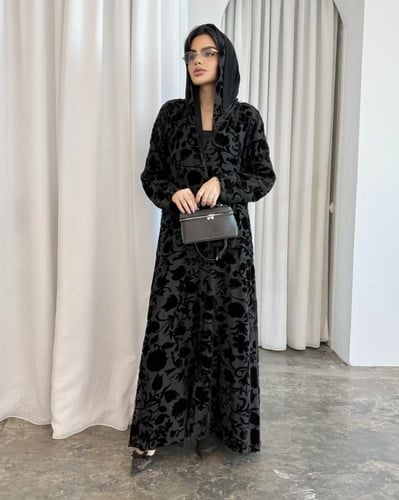 Z360 / قماش شيفون مشجر مخمل مطفي كامل وبطانه اسود