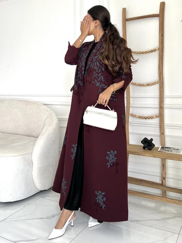 Z364 / قماش كريب عنابي وتركواز مبطن قصة بليزر مع ج...